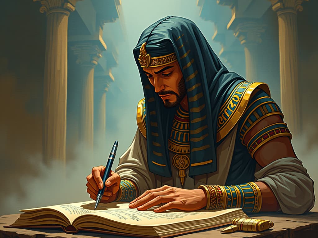  an ancient egyptian scribe, writing with a quantum pen, reality shifts and reforms around him, aura of reality shaping. the style is digital art illustration / modern comic book / mysterious occult, symbolic, esoteric vibe,high detail on character design, incorporating ancient egyptian symbology and attire.