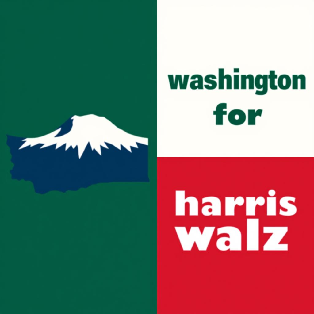  a design inspired by the washington state flag. the left side features a green vertical stripe with mt. rainer in the center. the right side is divided into two horizontal sections: the top section is white with the text 'washington for' in bold, green, uppercase letters, and the bottom section is red with the text 'harris walz' in bold, white, uppercase letters. the overall layout is clean and straightforward, with a clear and patriotic color scheme of blue, white, and red.