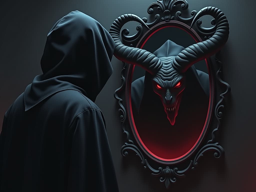  a hooded figure faces a dark, enchanted mirror. the reflection shows a monstrous visage with twisting horns and piercing eyes. confrontation, horror, truth.. the style is dark fantasy and mysterious occult, symbolic, moody lighting, esoteric vibe,high detail on character design. for the color scheme emphasize blacks and reds.