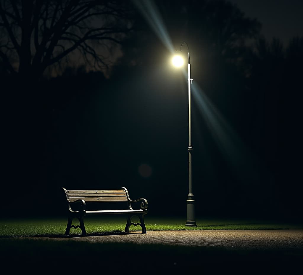  a lonely bench illuminated by a streetlight in a dark park setting.