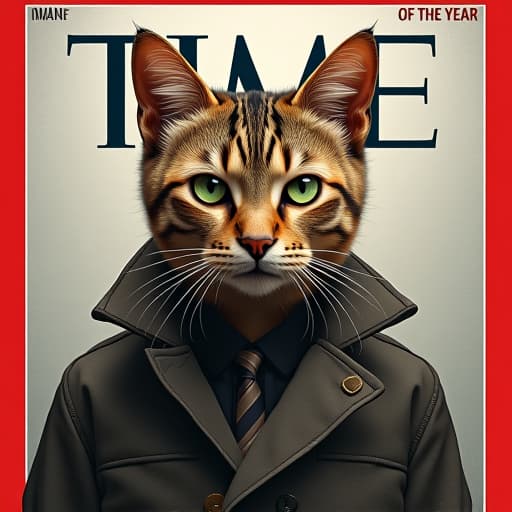  in a visually captivating abstract style, imagine a time magazine man of the year cover featuring hemule, the anthropomorphic light brown tabby cat. hemule, with his mix of brown, black, and grey stripes, and striking green eyes, exudes charisma and a tough, rebellious persona. the cover is adorned with the text "meow of the year," capturing hemule's edgy vibe. the composition utilizes non representational forms, blending shapes, colors, and textures to convey mood and emotion. geometric patterns or organic shapes create a dynamic sense of movement and energy, reflecting the essence of hemule's character. hyperrealistic, full body, detailed clothing, highly detailed, cinematic lighting, stunningly beautiful, intricate, sharp focus, f/1. 8, 85mm, (centered image composition), (professionally color graded), ((bright soft diffused light)), volumetric fog, trending on instagram, trending on tumblr, HDR 4K, 8K