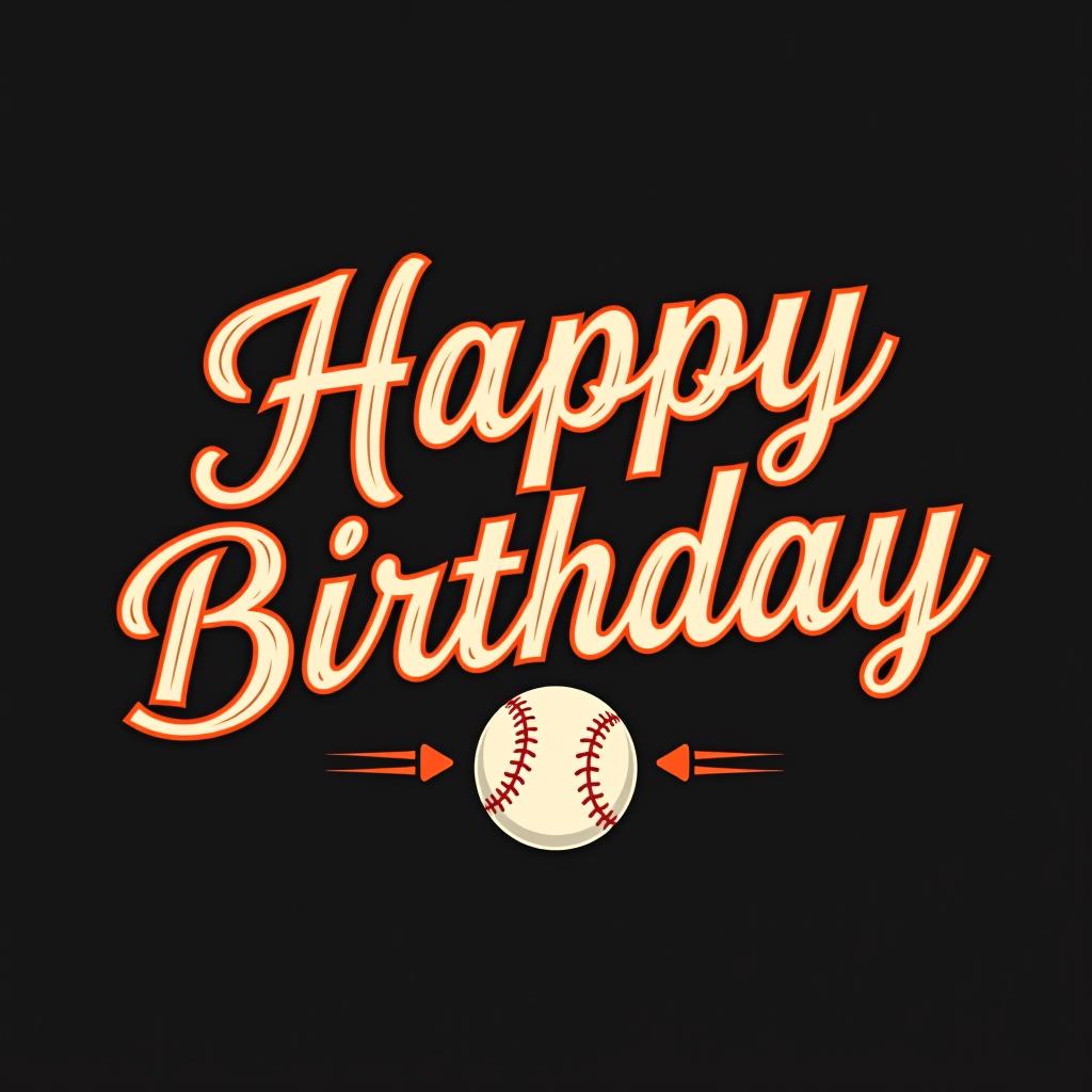  design a logo, idea con la imagen del equipo de béisbol de san francisco giants que diga happy birthday con tonos naranjas negros y blancos donde también aparezca una pelota blanca de béisbol de fondo, utilizando el tipo de letra igual que el uniforme del equipo de béisbol giants