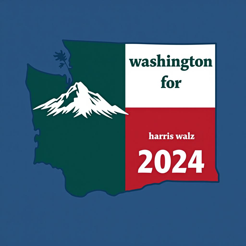  a tshirt design inspired by the washington state flag. the left side features a green vertical stripe with a large mountain in the center. the right side is divided into two horizontal sections: the top section is white with the text 'washington for' in bold, green, uppercase letters, and the bottom section is red with the text 'harris walz 2024' in bold, white, uppercase letters. the overall layout is clean and straightforward, with a clear and patriotic color scheme of blue, white, and red.