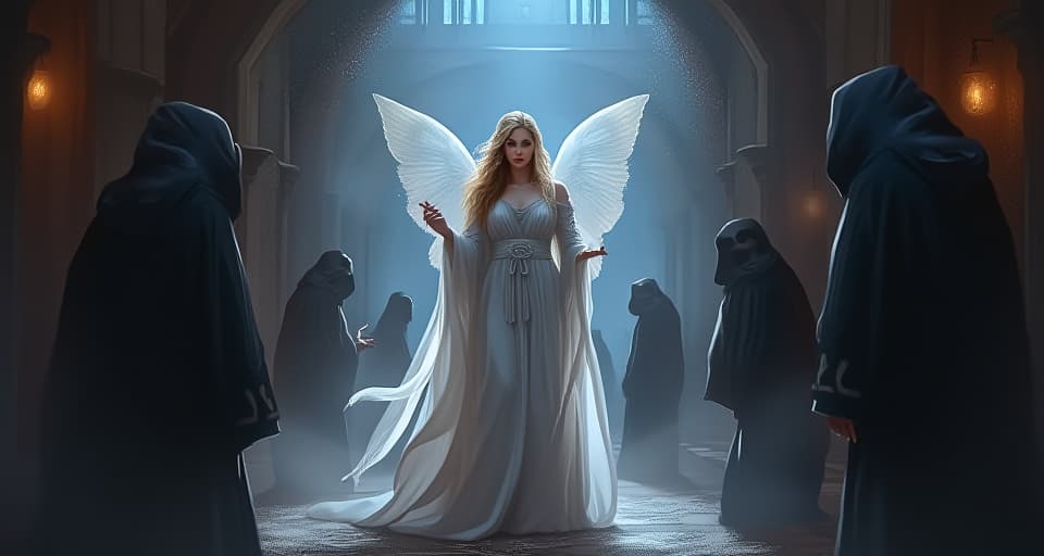  a beautiful maiden in celestial robes, cornered by shadowy figures in an enchanted alley. expressions of accusation, sense of isolation.. the style is digital art illustration,highly detailed, whimsical,magical, dreamlike atmosphere, realism and fantasy blend, smooth, glossy textures,luminous quality, wonder and enchantment.