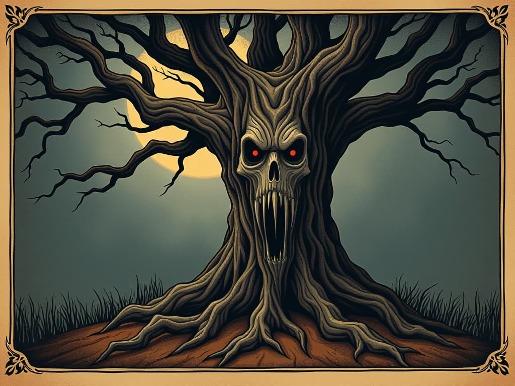  dark, twisted trees growing more gnarly with each retelling, sinister expressions hidden within the bark, sense of growing malevolence. an illustration in the style of a worn, mystical old tarot trump card, mysterious and elements of surrealism. the colors are muted, somber and eerie, but with contrast bring out an occult and esoteric vibe.