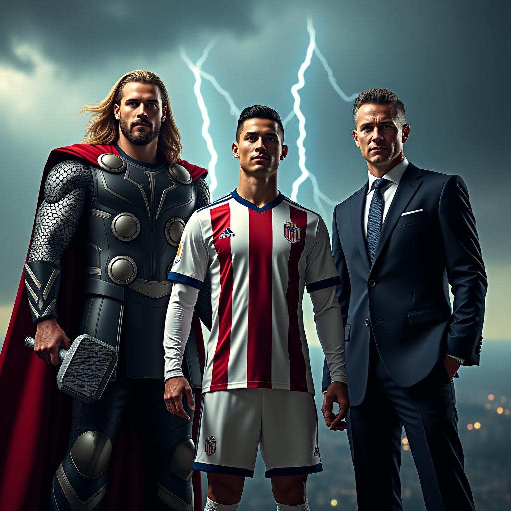  create a powerful and charismatic image featuring thor, ronaldo, and bruce wayne standing together. thor is depicted as a towering, muscular norse god with long blonde hair, holding his hammer mjölnir, dressed in his iconic armor with a cape flowing behind him. ronaldo is in the center, wearing a sleek, modern football uniform with a confident expression, showcasing his athletic build and sharp features. bruce wayne, on the other side, is dressed in a sharp, tailored suit, exuding the aura of a billionaire with a hint of his batman persona in his stance. the background is dramatic, with stormy skies and lightning striking, symbolizing thor's power, while a city skyline in the distance hints at gotham city. the lighting highlights their fac hyperrealistic, full body, detailed clothing, highly detailed, cinematic lighting, stunningly beautiful, intricate, sharp focus, f/1. 8, 85mm, (centered image composition), (professionally color graded), ((bright soft diffused light)), volumetric fog, trending on instagram, trending on tumblr, HDR 4K, 8K