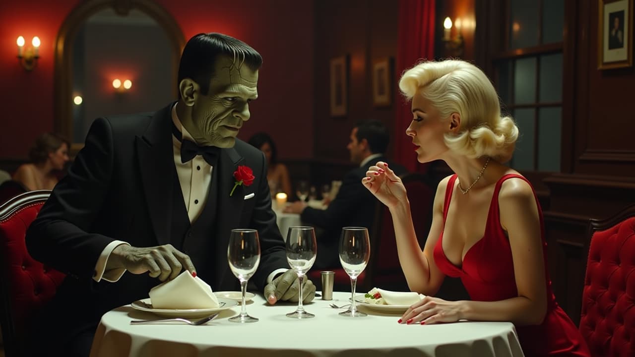  the monster of the black lagoon dining with marilyn monroe in a fancy restaurant. the waiter is the frankenstein monster and another guest at the table count dracula in a red dress.marilyn wear a white dress tha shows a lot of her buxom figure, high quality, high details, hd, perfect composition, 4k epic detailed, highly detailed, sharp focus, high resolution