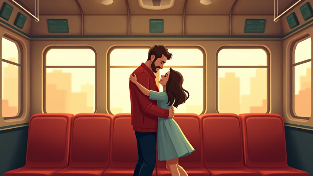  animated couple embracing on a train