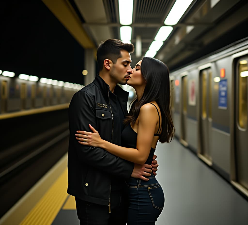  couple kissing on subway platform