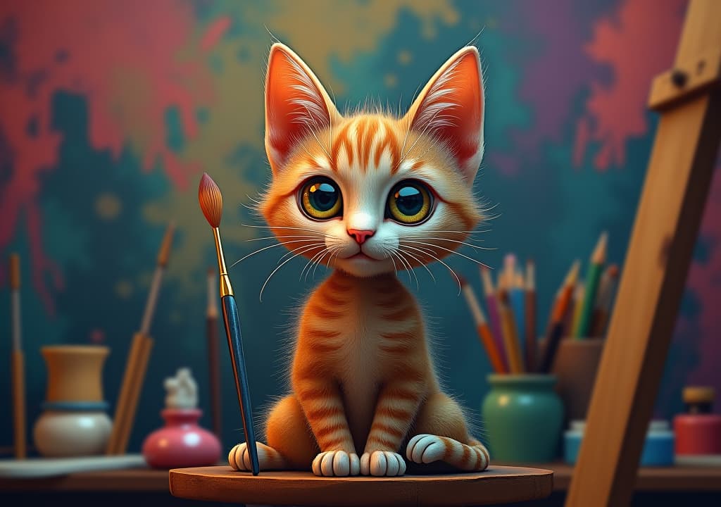  surreal abyssinian cat holding paintbrush in colorful studio setting