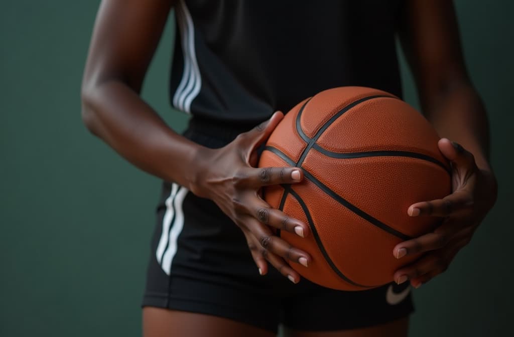  professional detailed photography, cropped view of black female athlete's hands holding basketball, empty space for text on the right ar 3:2, (muted colors, dim colors, soothing tones), (vsco:0.3)