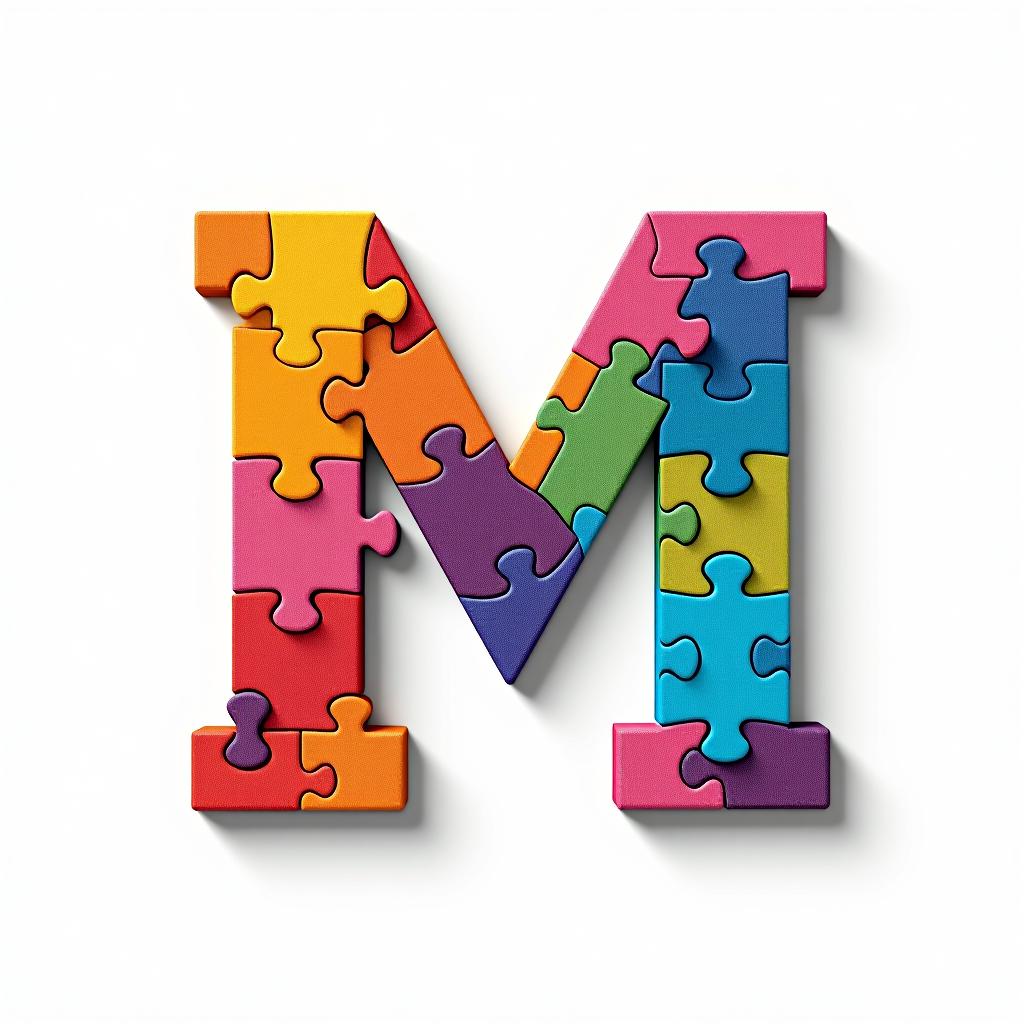  design a logo, abstract logo of letter m from colored puzzles on white background.