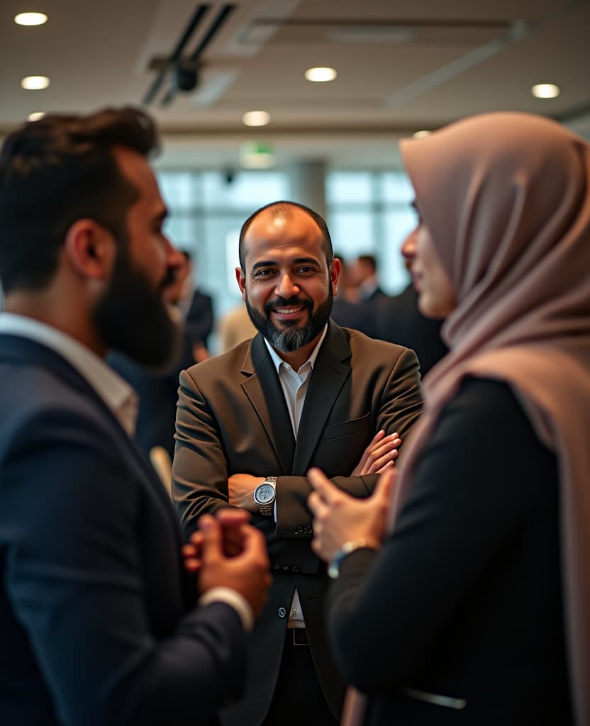  a group of professional muslim people talking to each other in a business event and asking each other questions and keeping their distance