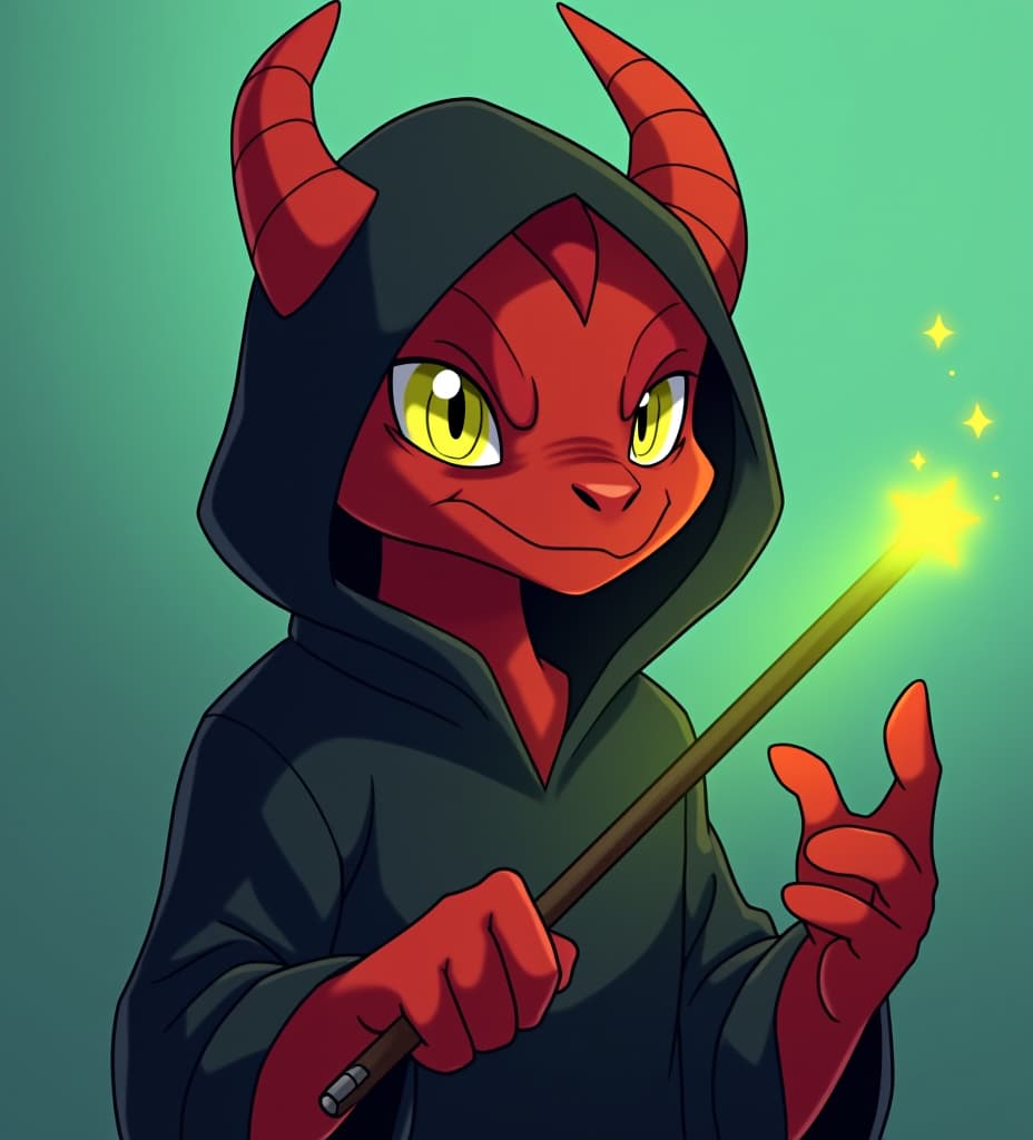  an anime menacing looking red skinned humanoid dragon with yellow eyes wearing a black hoodie without the hood and wielding a magic wand in front of a cyan to green fade background