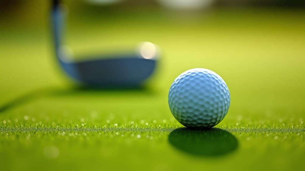  close up view of a white golf ball on a well manicured putting green, with a blurred golf club in the background. the image is well lit, vibrant, and captures the essence of a serene golfing moment.