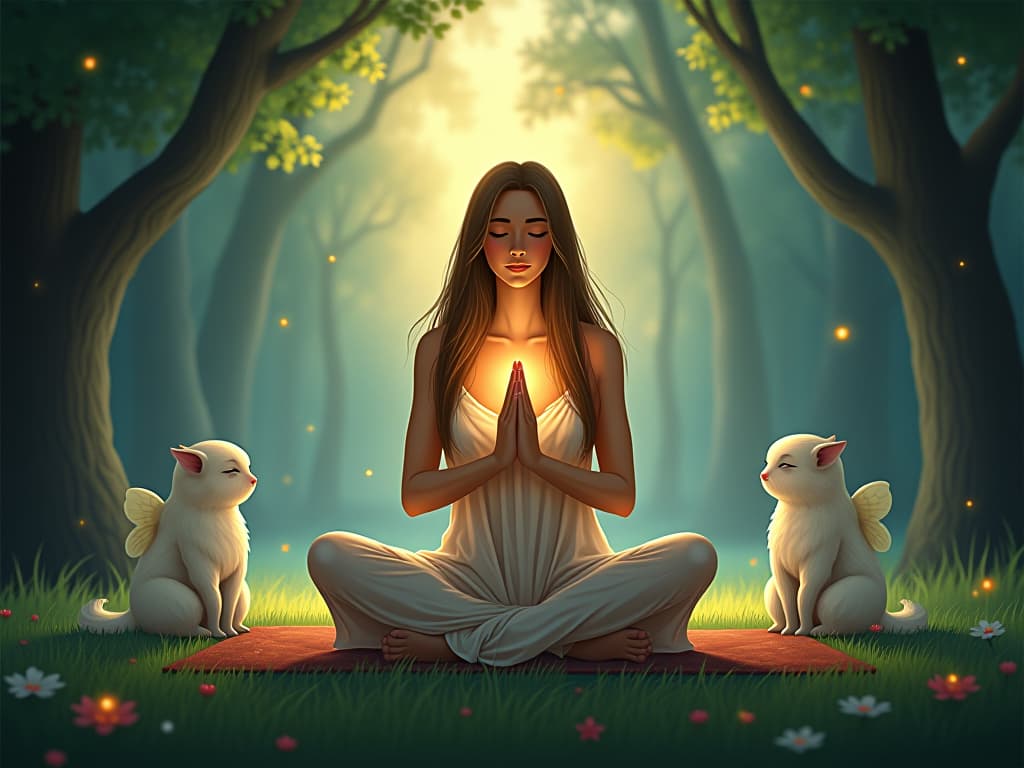  mystic practicing self care, sitting in a luminous forest clearing. ethereal beings and glowing light signify honoring spiritual needs.. the style is digital art illustration,highly detailed, whimsical,magical, dreamlike atmosphere, realism and fantasy blend, smooth, glossy textures,luminous quality, wonder and enchantment.