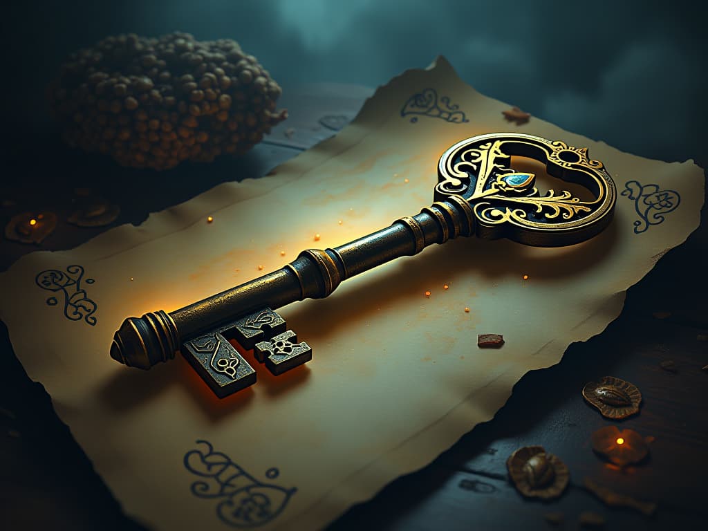  an ancient key with intricate designs, glowing softly, resting upon an ancient scroll, twilight ambiance, mystical energy. an illustration in the style of a worn, mystical old tarot trump card, mysterious and elements of surrealism. the colors are muted, somber and eerie, but with contrast bring out an occult and esoteric vibe.