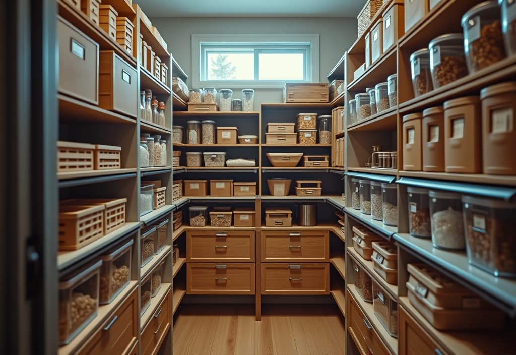  a landscape photo of a stylish pantry with pull out shelves, transparent containers, and labeled storage bins, showcasing organized dry goods and kitchenware hyperrealistic, full body, detailed clothing, highly detailed, cinematic lighting, stunningly beautiful, intricate, sharp focus, f/1. 8, 85mm, (centered image composition), (professionally color graded), ((bright soft diffused light)), volumetric fog, trending on instagram, trending on tumblr, HDR 4K, 8K