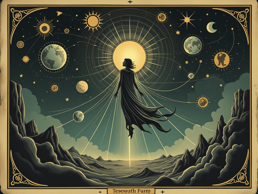  a floating figure in a cosmic realm, connected by threads of light to various celestial and earthly scenes, exploring, interconnected. an illustration in the style of a worn, mystical old tarot trump card, mysterious and elements of surrealism. the colors are muted, somber and eerie, but with contrast bring out an occult and esoteric vibe.