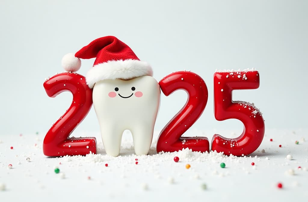  christmas banner, a lot of free space ,red letters “2025” instead of letter “0” is tooth with a christmas hat on top, christmas white background around the edges there are new year's decorations in the form of small teeth, a lot of free space {prompt}, maximum details