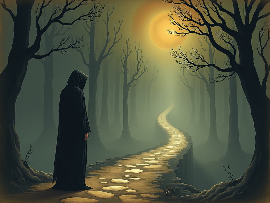  figure at a crossroads, looking determined, path leading into a mysterious fog, enigmatic expressions, knowing and acceptance, sense of destiny. an illustration in the style of a worn, mystical old tarot trump card, mysterious and elements of surrealism. the colors are muted, somber and eerie, but with contrast bring out an occult and esoteric vibe.