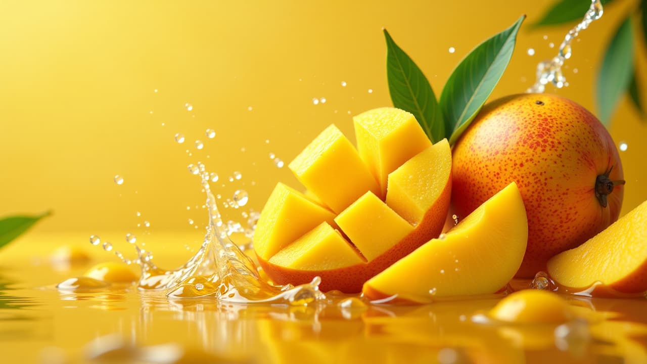  mango splash: a vibrant burst of juicy mango slices, leaves, and water droplets creates a refreshing, tropical scene. the golden hues and dynamic composition evoke a sense of summery delight., high quality, high details, hd, perfect composition, 4k epic detailed, highly detailed, sharp focus, high resolution