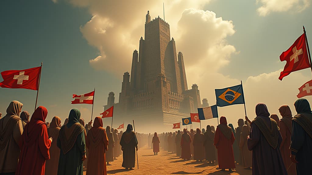  an artistic interpretation of the diverse cultures and languages that emerged from the tower of babel's story, shown as a vibrant tapestry. hyperrealistic, full body, detailed clothing, highly detailed, cinematic lighting, stunningly beautiful, intricate, sharp focus, f/1. 8, 85mm, (centered image composition), (professionally color graded), ((bright soft diffused light)), volumetric fog, trending on instagram, trending on tumblr, HDR 4K, 8K