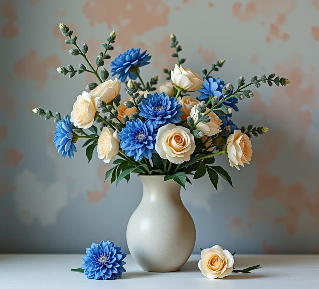  a still life featuring a vase of blue and beige flowers against a textured wall.