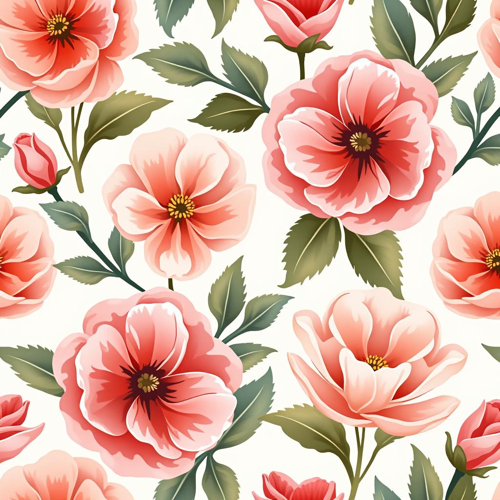  create a seamless digital design featuring a pattern of large, beautiful flowers with soft, watercolor like effects. the flowers should cover the entire surface, creating a bold, elegant, and continuous look. the overall style should be light and airy, with delicate leaves and petals to enhance the natural, floral theme. the design should be seamless to ensure it can be used in repeating patterns or wraps.