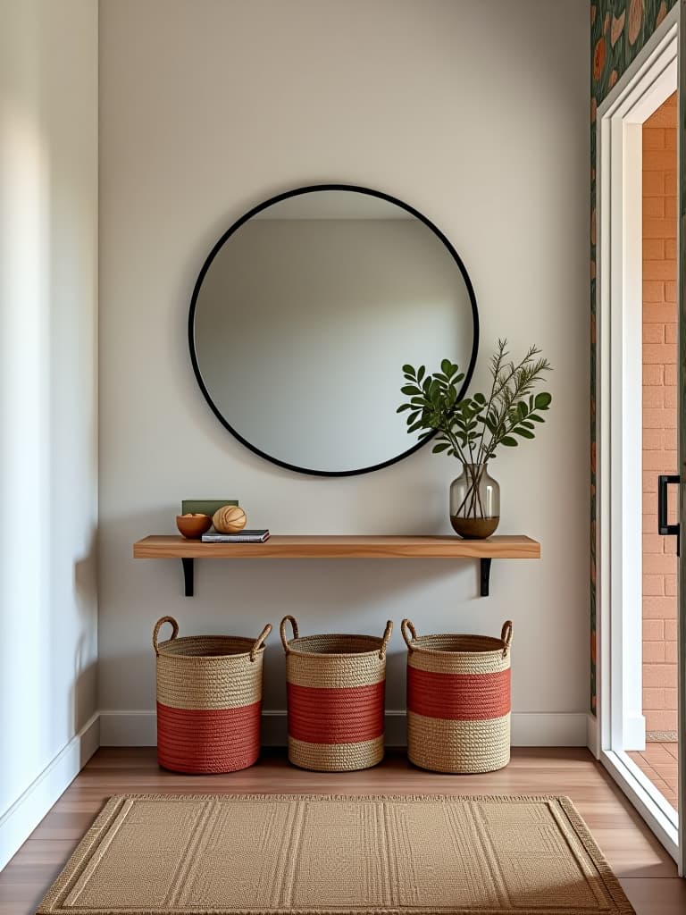  high quality portrait photo of a rental entryway featuring a diy floating console table, a large round mirror, colorful woven baskets for storage, and a vibrant removable wallpaper accent wall hyperrealistic, full body, detailed clothing, highly detailed, cinematic lighting, stunningly beautiful, intricate, sharp focus, f/1. 8, 85mm, (centered image composition), (professionally color graded), ((bright soft diffused light)), volumetric fog, trending on instagram, trending on tumblr, HDR 4K, 8K