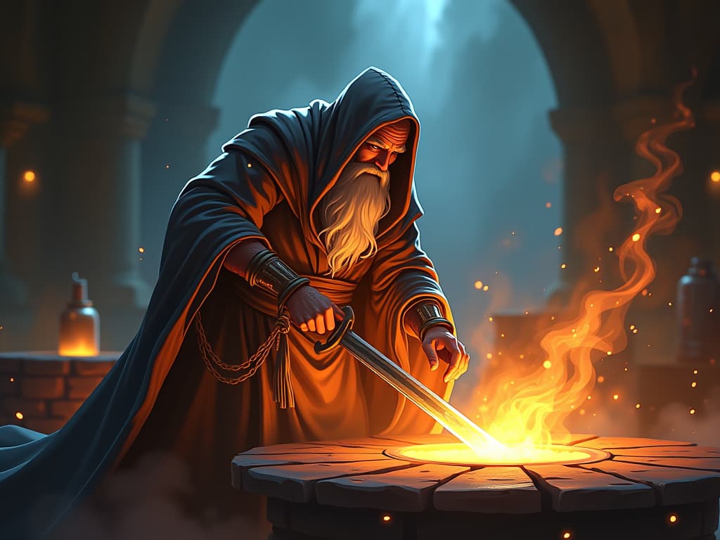  a mystical blacksmith in flowing, ethereal robes, forging a glowing sword in a radiant forge. the scene is intense and focused, symbolizing the necessity of transformation.. the style is digital art illustration,highly detailed, whimsical,magical, dreamlike atmosphere, realism and fantasy blend, smooth, glossy textures,luminous quality, wonder and enchantment.