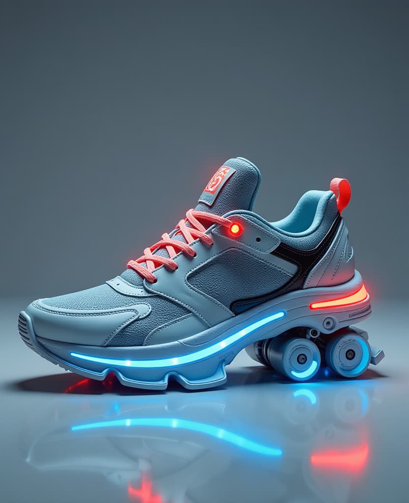  fashion sneakers of the future, shock absorbers on the sole, mechanical parts, cyberpunk, backlight.