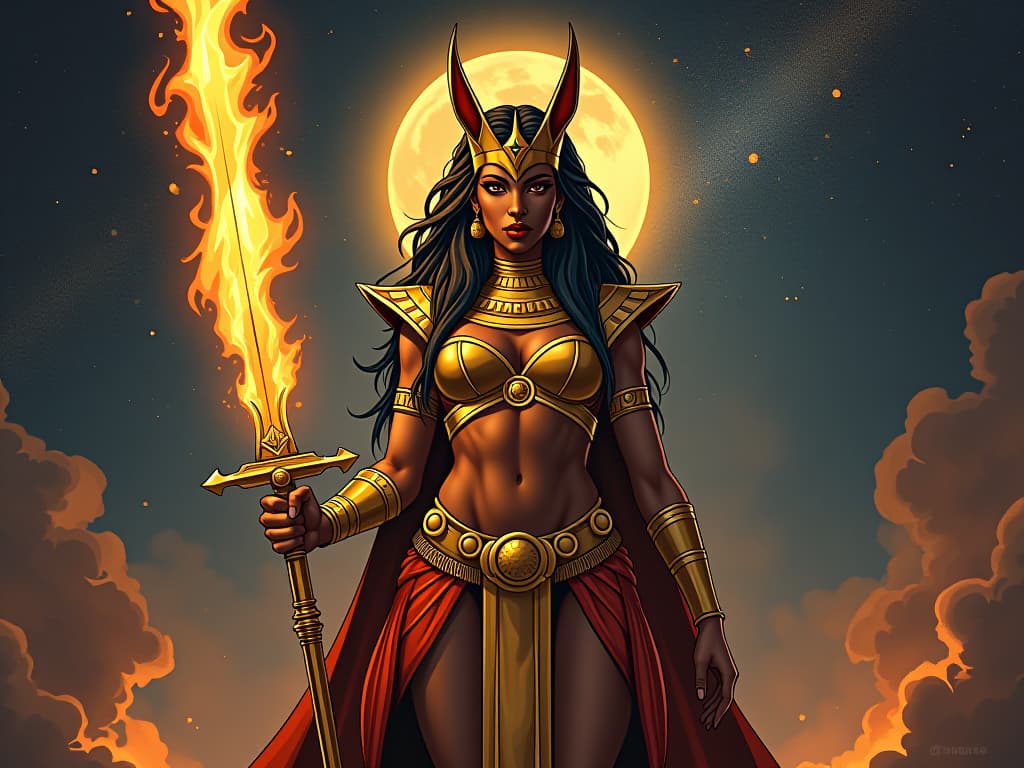  large busted goddess sekhmet, standing tall in a golden armor, holding a flaming sword, cosmic backdrop, her gaze fierce, symbolizing unique wisdom and divine connections. the style is digital art illustration / modern comic book / mysterious occult, symbolic, esoteric vibe,high detail on character design, incorporating ancient egyptian symbology and attire.