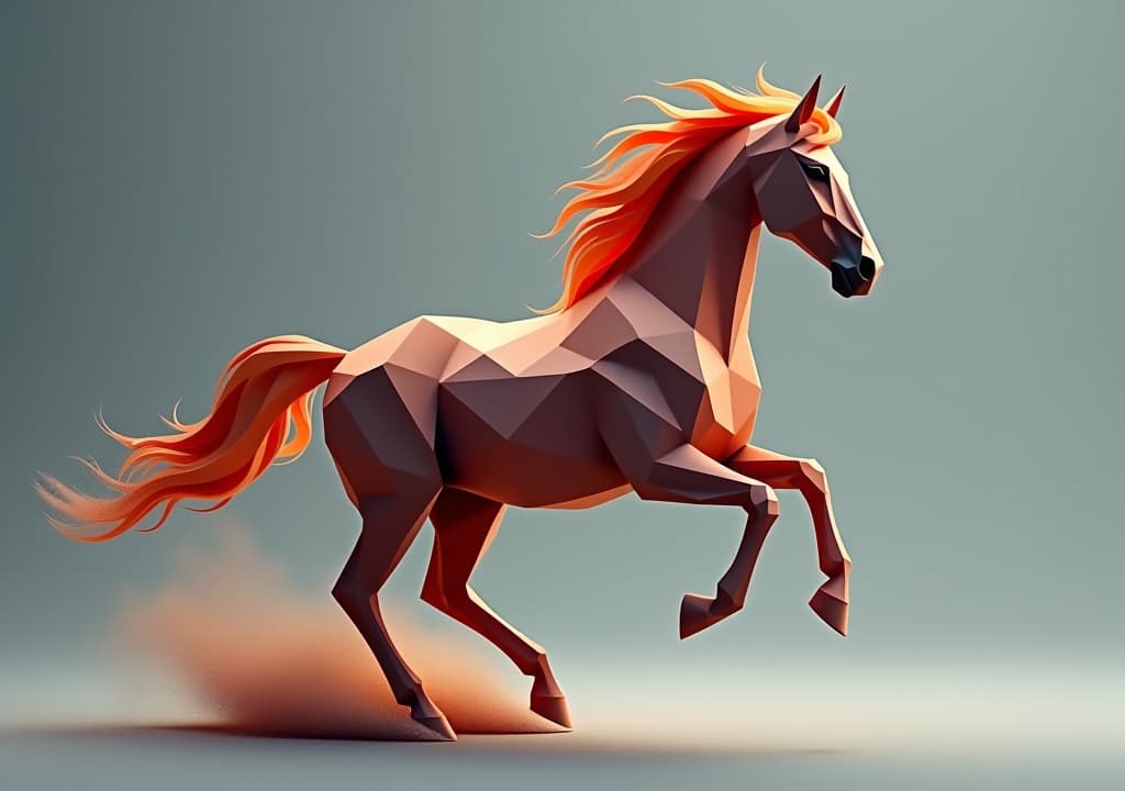  abstract polygonal horse, dynamic low poly galloping horse, high quality, high details, hd, perfect composition, 4k epic detailed, highly detailed, sharp focus, high resolution