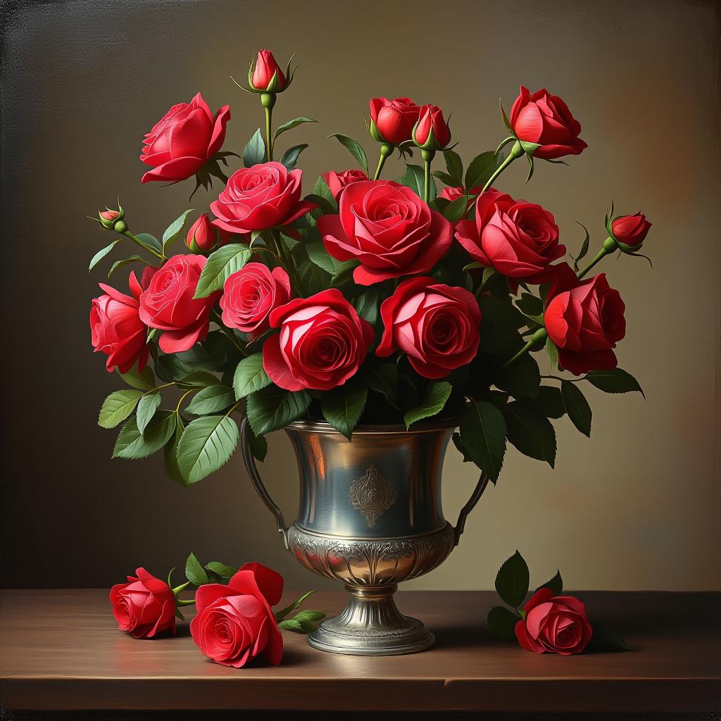  renaissance style painting. oil painting. (rosebuds red, fresh lovely roses in a beautiful silver vase on an antique table. dutch painting 18th century:1.5). high detail, high definition, high resolution. . realistic, perspective, light and shadow, religious or mythological themes, highly detailed