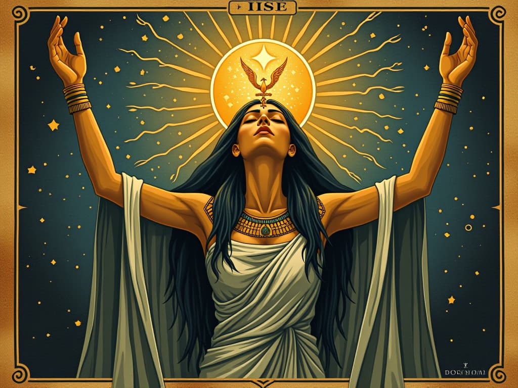  ancient egyptian goddess isis, eyes closed, arms stretched upward, energy swirling around her, spiritual resuscitation, divine interface an illustration in the style of a worn, mystical old tarot trump card, mysterious and elements of surrealism. the colors are muted, somber and eerie, but with contrast bring out an occult and esoteric vibe.