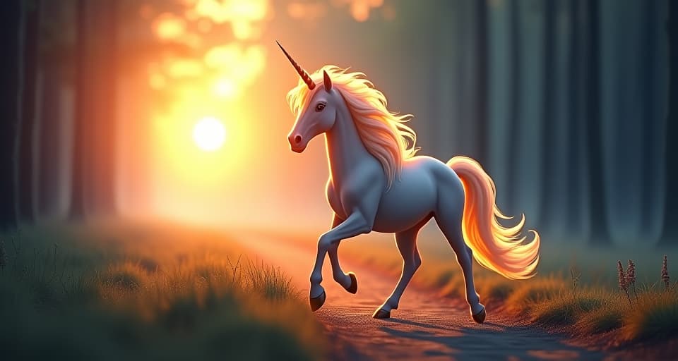  a majestic unicorn with a flowing, glowing mane, trotting confidently along a newly formed, radiant path. the light of dawn breaks the horizon, illuminating the ethereal forest, symbolizing the forging of a new journey.. the style is digital art illustration,highly detailed, whimsical,magical, dreamlike atmosphere, realism and fantasy blend, smooth, glossy textures,luminous quality, wonder and enchantment.