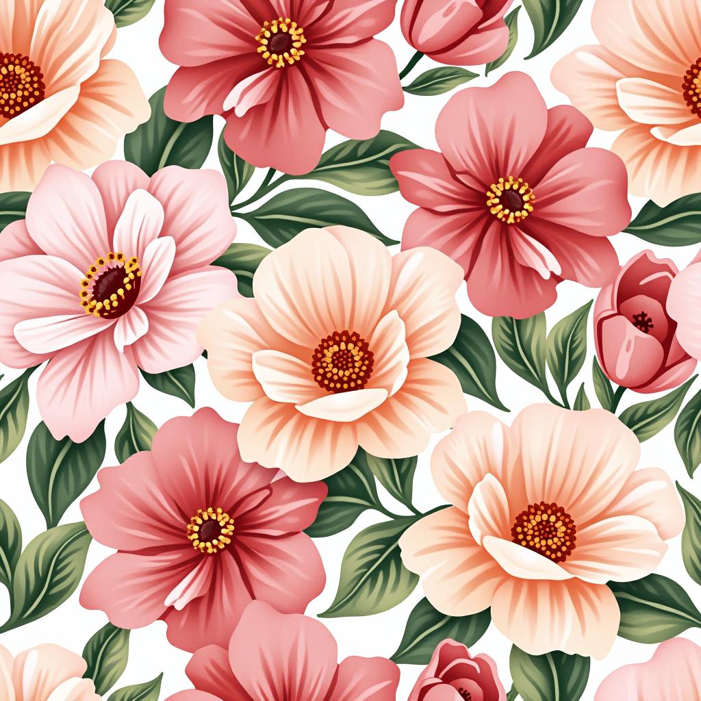  create a seamless digital design featuring a pattern of large, beautiful flowers with soft, watercolor like effects. the flowers should cover the entire surface, creating a bold, elegant, and continuous look. the overall style should be light and airy, with delicate leaves and petals to enhance the natural, floral theme. the design should be seamless to ensure it can be used in repeating patterns or wraps.