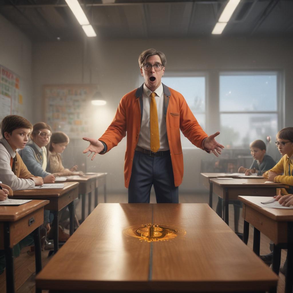 ((masterpiece)),(((best quality))), 8k, high detailed, ultra detailed,A creepy teacher educating elementary schoolers about Bitcoin, classroom scene, digital currency illustrations, shocked kids, educational atmosphere hyperrealistic, full body, detailed clothing, highly detailed, cinematic lighting, stunningly beautiful, intricate, sharp focus, f/1. 8, 85mm, (centered image composition), (professionally color graded), ((bright soft diffused light)), volumetric fog, trending on instagram, trending on tumblr, HDR 4K, 8K