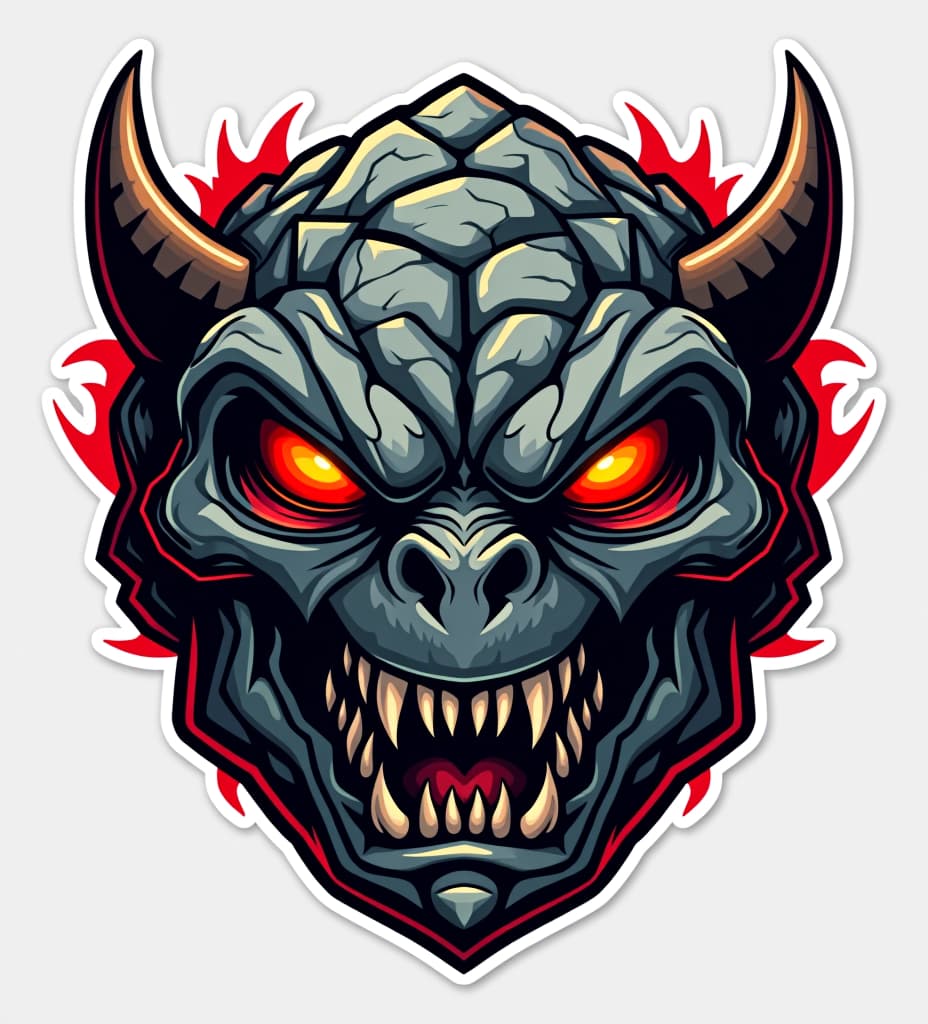  vector art stickers, the doomsday monster’s head features a broad, muscular structure with angular, intimidating features. its large, glowing eyes—colored in fiery glowing red — create a piercing, predatory gaze. the wide, menacing grin reveals sharp, jagged teeth, adding to its fearsome appearance. the flat, broad nose and rock textured skin, marked by cracks, contribute to its battle worn, apocalyptic look. small curved horns or spikes on the head enhance its monstrous aspect. flames or energy effects around the head, combined with dramatic shading and highlights, give the creature a dynamic and powerful presence., professional vector design, sticker designs, sticker sheet