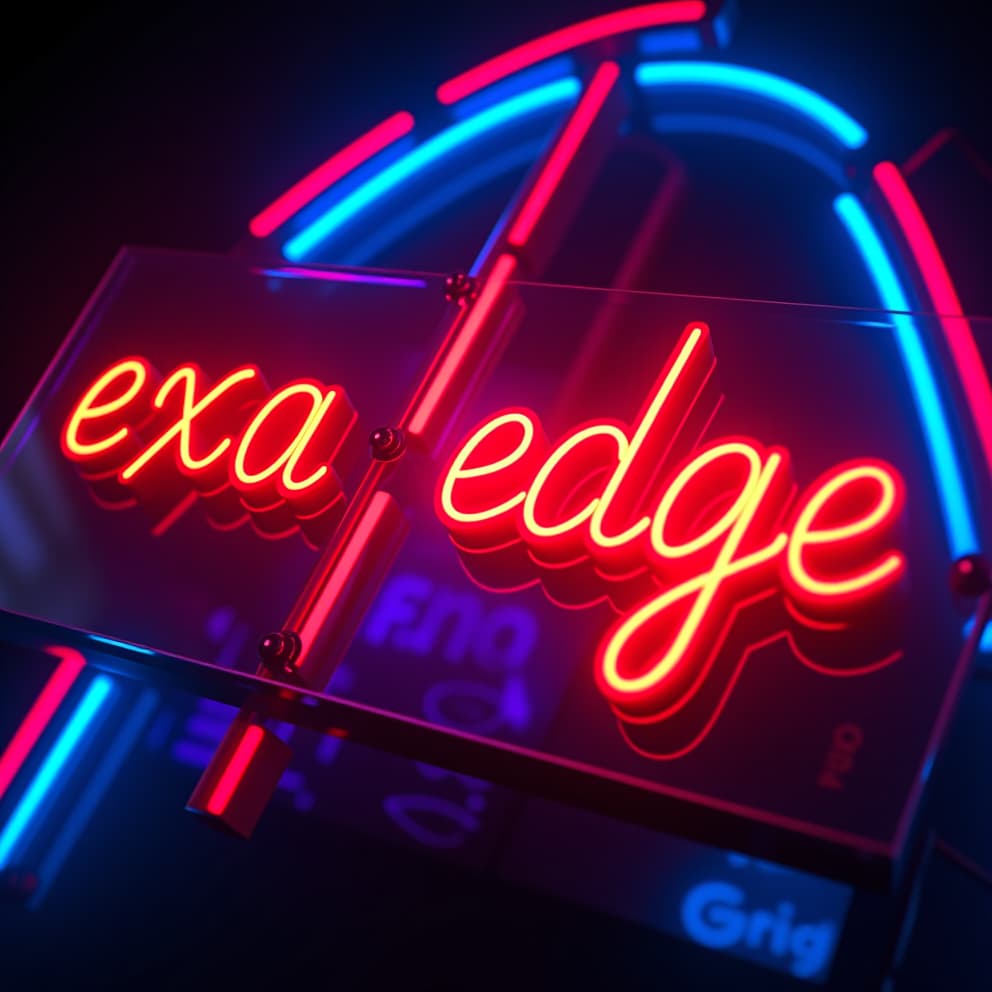  a vibrant, neon lit sign with the text 'exa edge' in a futuristic, cyberpunk font. the background is a deep, saturated blue with streaks of glowing neon light. the sign is slightly tilted, giving it a sense of motion and dynamism. use a high contrast, gritty style, reminiscent of the 'blade runner' aesthetic. focus on bold, exaggerated edges and details, creating a sense of depth and energy.hyper detail, intricate details, sharp focus, high resolution, 8k, ultra detailed, vib