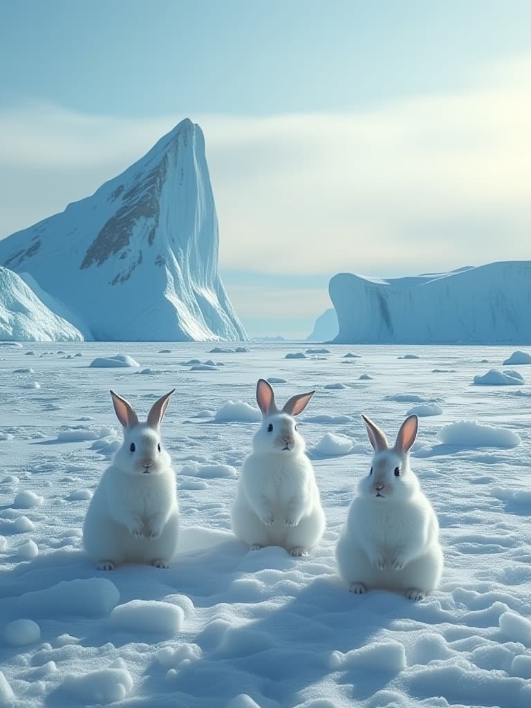  the white rabbits are standing on a vast ice sheet surrounded by snow and huge icebergs。