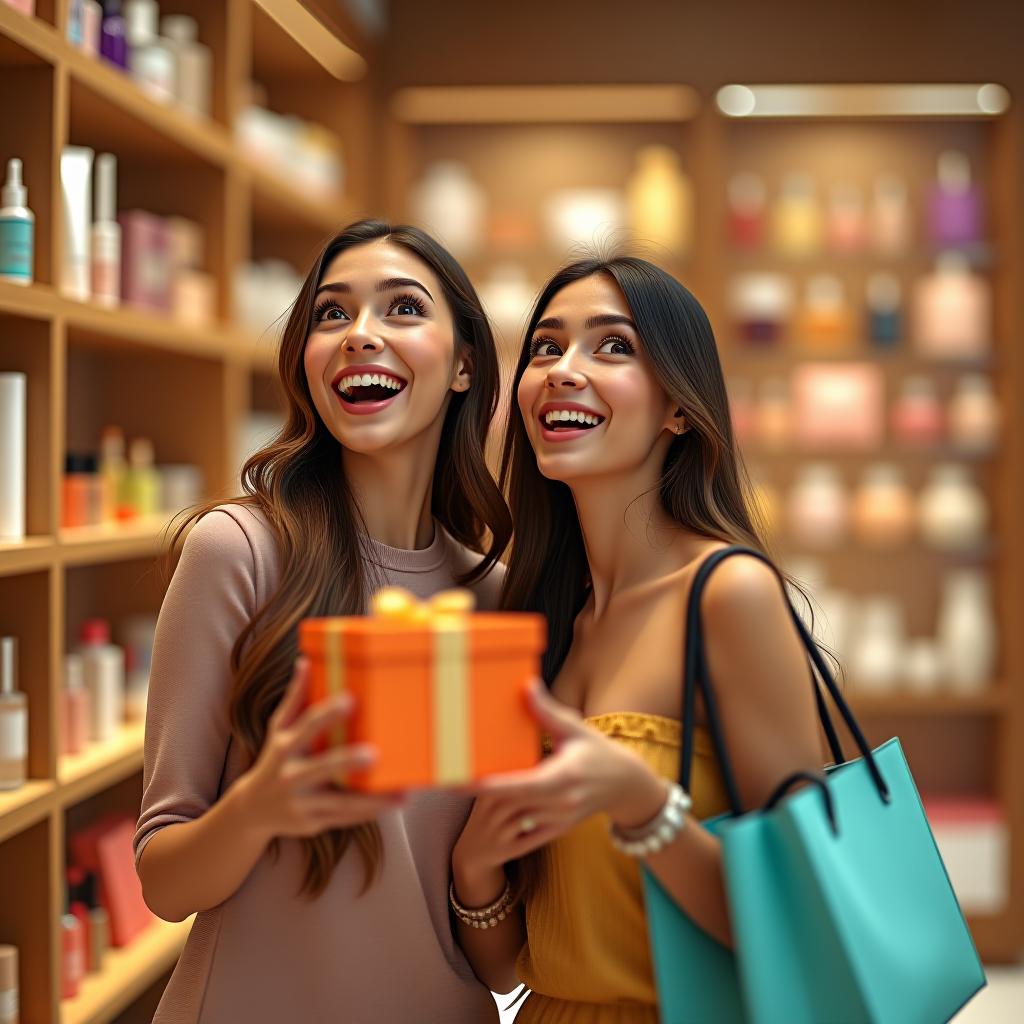  tilt shift photo of realistic image. two beautiful tall russian slim girls look at the wooden shelves of the cosmetics store with joyful surprised faces and wide open eyes, one girl holds a gift orange box in her hands, the second a turquoise bag, the background a cosmetics and perfume store, very high ceilings, a beautiful interior, a lot of grooming and decorative cosmetics, summer, high resolution, clear faces not blurred, 4k . selective focus, miniature effect, blurred background, highly detailed, vibrant, perspective control hyperrealistic, full body, detailed clothing, highly detailed, cinematic lighting, stunningly beautiful, intricate, sharp focus, f/1. 8, 85mm, (centered image composition), (professionally color graded), ((bright soft diffused light)), volumetric fog, trending on instagram, trending on tumblr, HDR 4K, 8K