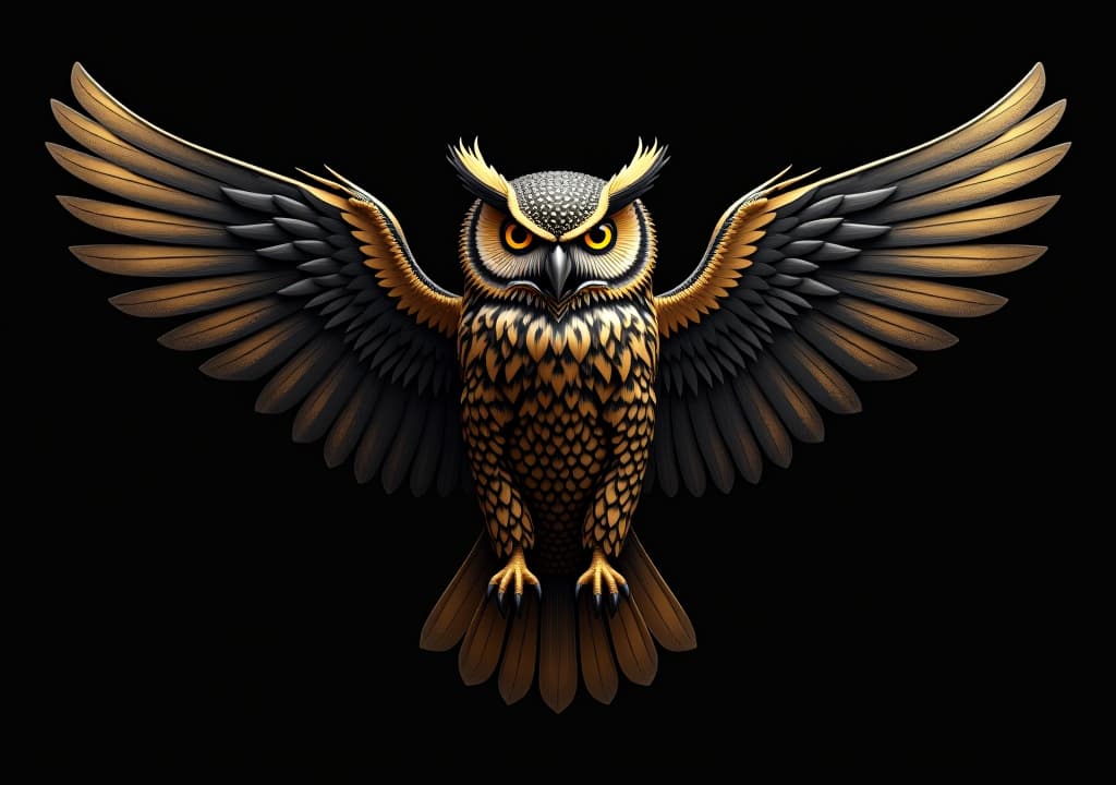  a black and gold owl with wings spread