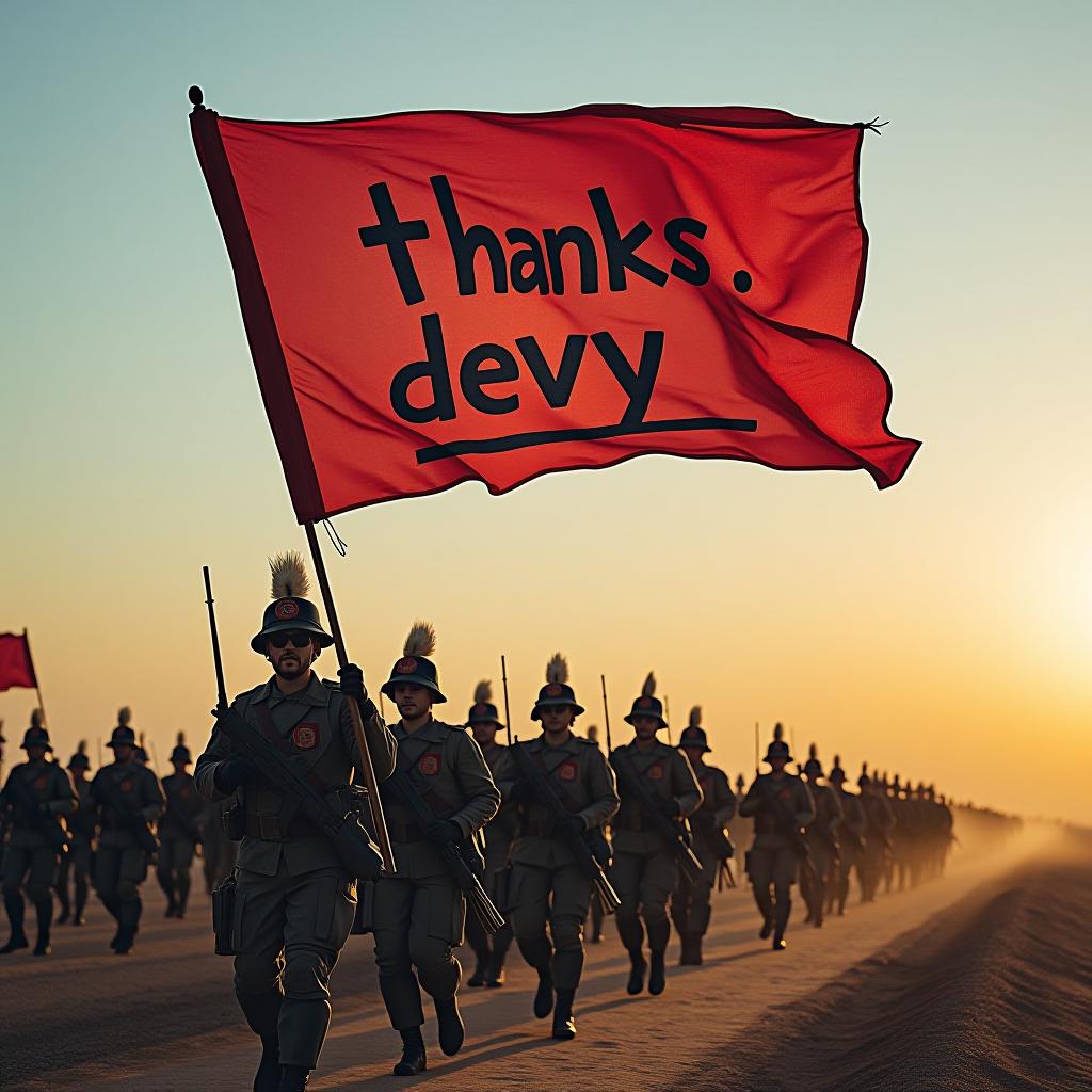  an army carrying a flag with text "thanks devvy" on the flag