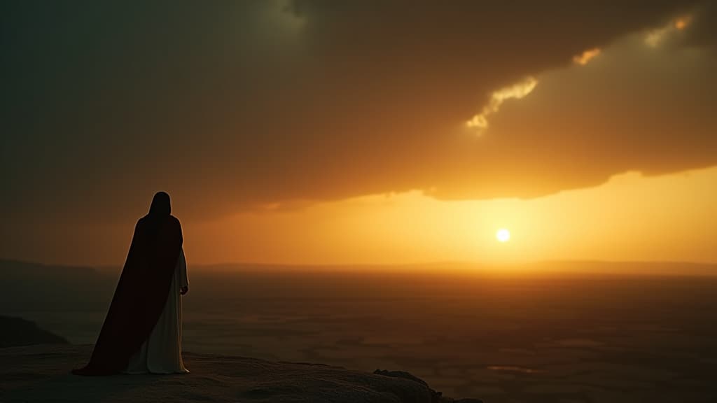  history of biblical times, a darkened sky above sodom, contrasting with a bright horizon where lot's family is headed. hyperrealistic, full body, detailed clothing, highly detailed, cinematic lighting, stunningly beautiful, intricate, sharp focus, f/1. 8, 85mm, (centered image composition), (professionally color graded), ((bright soft diffused light)), volumetric fog, trending on instagram, trending on tumblr, HDR 4K, 8K