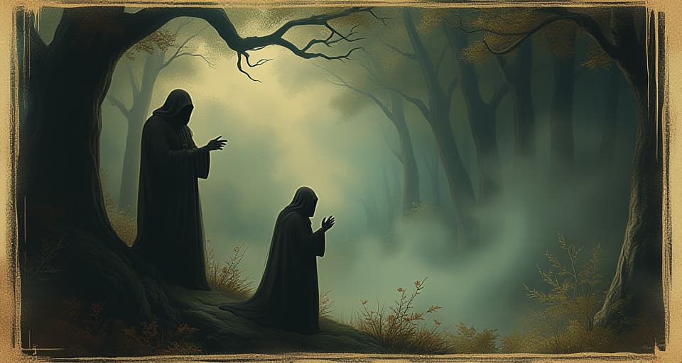  shadowy figures with pleading expressions, edge of a dark forest, mist swirling around, ominous, desperate. an illustration in the style of a worn, mystical old tarot trump card, mysterious and elements of surrealism. the colors are muted, somber and eerie, but with contrast bring out an occult and esoteric vibe.