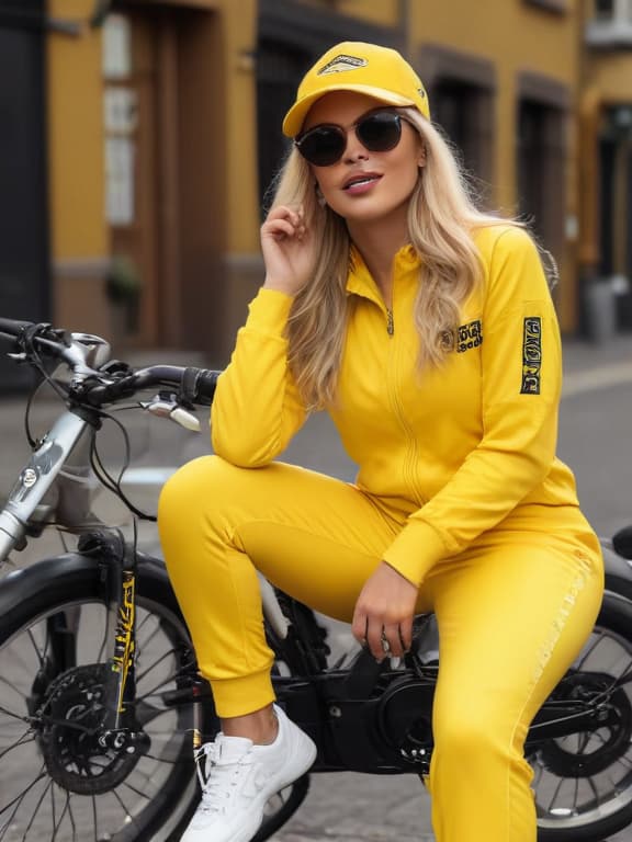 sexy athletic lady with blonde long hair with bike helmet and detailed lipstick with sunglasses wearing a jogger outfit in yellow with many generic logos and brands on fitted 2 piece jump suite next to electric bicycle