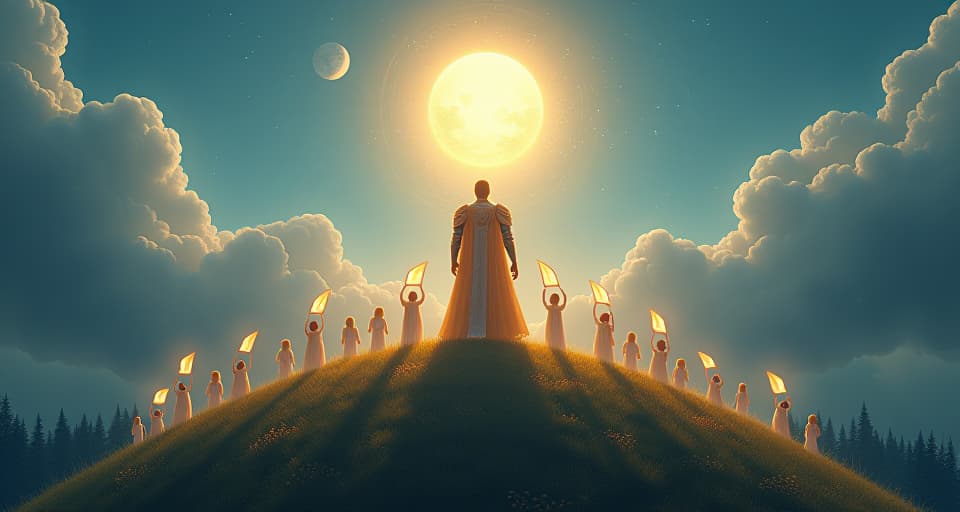  a radiant hero, dressed in shimmering armor, standing tall upon a hill overlooking an enchanted forest. below, ethereal beings in translucent attire gather, raising luminous banners, embodying a led revolution.. the style is digital art illustration,highly detailed, whimsical,magical, dreamlike atmosphere, realism and fantasy blend, smooth, glossy textures,luminous quality, wonder and enchantment.