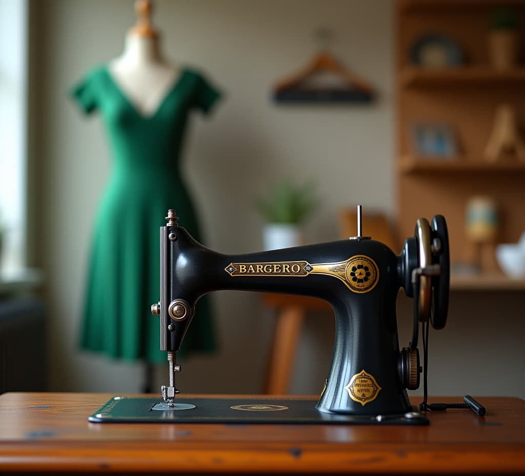  vintage retro old antique sewing machine placed in a room interior next to the green dress. home workshop studio equipment for a tailor textile designer craft, fabric clothing industry